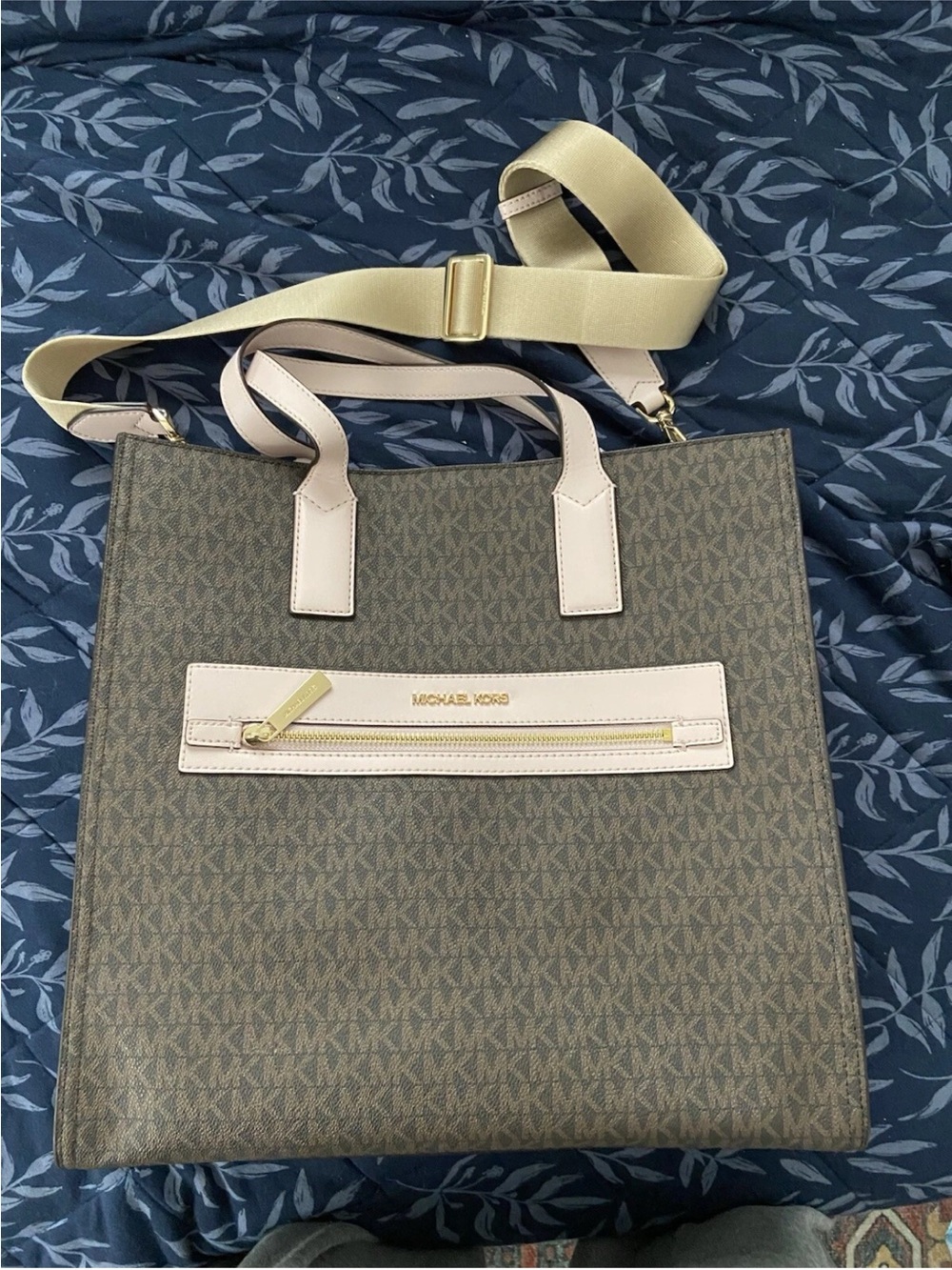 NWT: Michael Kors Brown Logo Tote with Pale Pink Accents